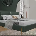 Modern Double Bed with Green Leather Headboard Unique Design Circular Ornament Bedside Tables and Lamps