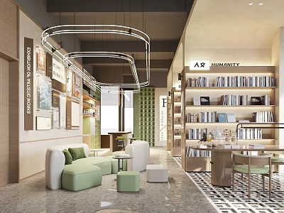 Contemporary Book Art Interior With Shelves Books Artworks Sofa And Tables 3d model