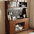 Wooden Sideboard With Open Shelves Perforated Back Panel Hanging Utensils Drawers And Glass Doors