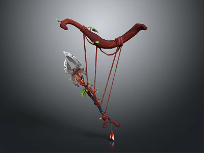 Ornate Red Fantasy Weapon Featuring Curved Bow Sickle Blade And Green Plant Decorations 3d model