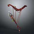 Ornate Red Fantasy Weapon Featuring Curved Bow Sickle Blade And Green Plant Decorations