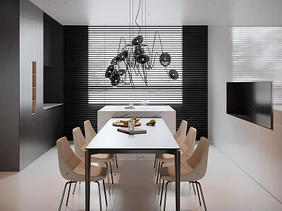 Modern Dining Room Interior Design With Beige Chairs Wooden Table And Black Pendant Lights 3d model