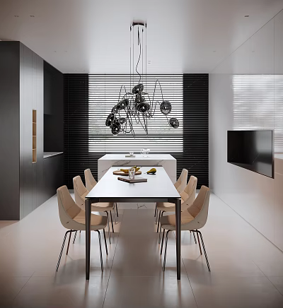 Modern Dining Room Interior Design With Beige Chairs Wooden Table And Black Pendant Lights 3d model