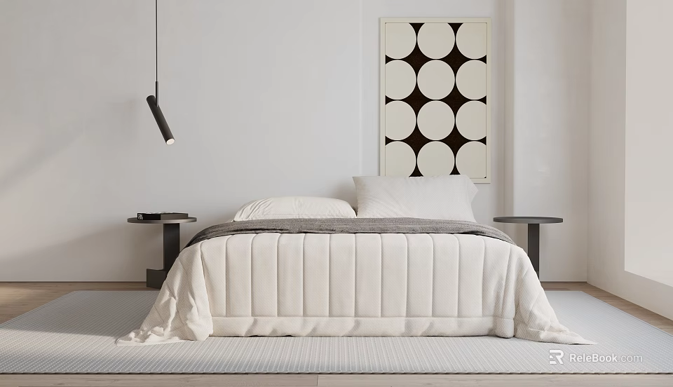 Modern Double Bed with White Quilt Pillows Black Side Tables Hanging Lamp Circular Wall Art 3d model 