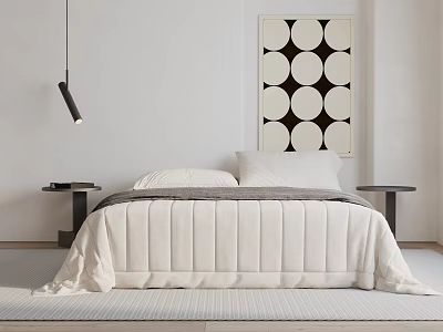 Modern Double Bed with White Quilt Pillows Black Side Tables Hanging Lamp Circular Wall Art 3d model