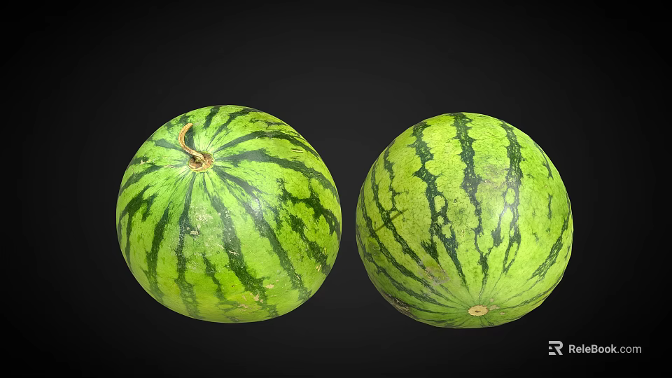 Two Fresh Watermelons With Green Striped Rind On Black Background 3d model 