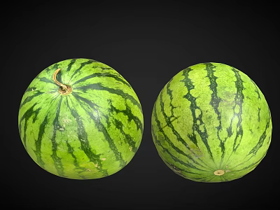 Two Fresh Watermelons With Green Striped Rind On Black Background 3d model