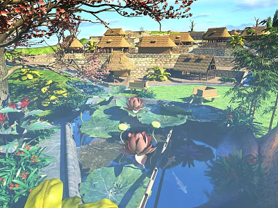 Cartoon Scenic Village with Thatched Cottages Lily Pads Lotus Flowers and Trees under Blue Sky 3d model