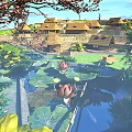 Cartoon Scenic Village with Thatched Cottages Lily Pads Lotus Flowers and Trees under Blue Sky