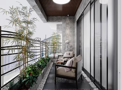 Elegant Villa Balcony With Bamboo Plants Cozy Chairs Pebble Floor And Floor To Ceiling Windows 3d model