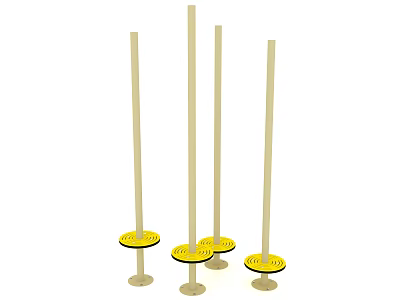 Playground Equipment With Five Light Colored Tall Poles Yellow Circular Bases And Black Edges 3d model