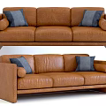 Modern Brown Leather Three Seater Sofa With Gray Pillows Design 3d model
