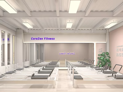 CoreZen Fitness Mall Store Pilates Studio Featuring Neatly Arranged Reformer Equipment Bright Interior 3d model