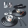 Elegant Dinnerware Set With Black Plates Transparent Wine Glasses And Metal Cutlery For Food Presentation