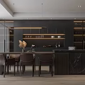 Modern Restaurant Interior With Dark Cabinets Marble Countertop Hanging Lights And Dining Chairs
