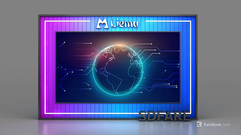 Modern Display Shelf With Neon Globe Circuit Board And Blue Purple Gradient 3d model 
