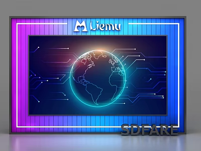 Modern Display Shelf With Neon Globe Circuit Board And Blue Purple Gradient 3d model