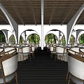 Elegant Banquet Hall Interior With Arched Walls Wooden Ceiling Round Tables And Green Plants