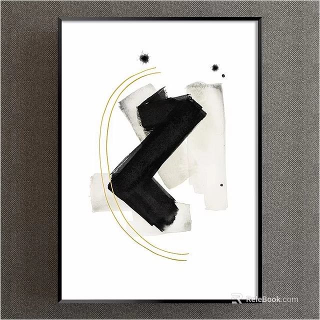 Abstract Painting with Black Brush Strokes Golden Curves and Ink Splatters on White Background 3d model 