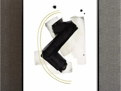 Abstract Painting with Black Brush Strokes Golden Curves and Ink Splatters on White Background 3d model
