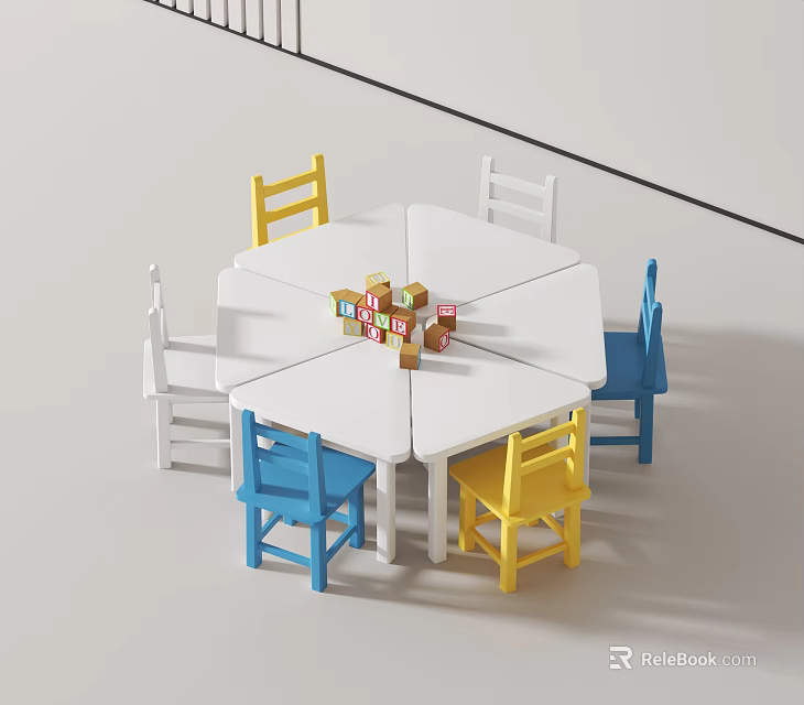 White Hexagonal Kids Table and Colorful Chairs Set with Building Blocks 3d model