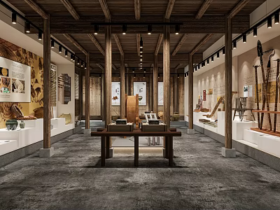 Traditional Exhibition Hall Interior With Wooden Structure And Cultural Relics 3d model