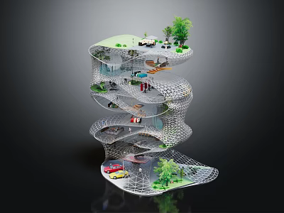 Future Architecture Spiral Structure With Multi Level Greenery Vehicles And Pedestrians 3d model