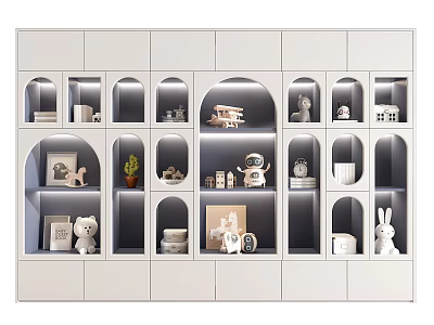 Modern Bookcase Interior Design With Arch Shelves LED Lighting And Decorative Ornaments 3d model