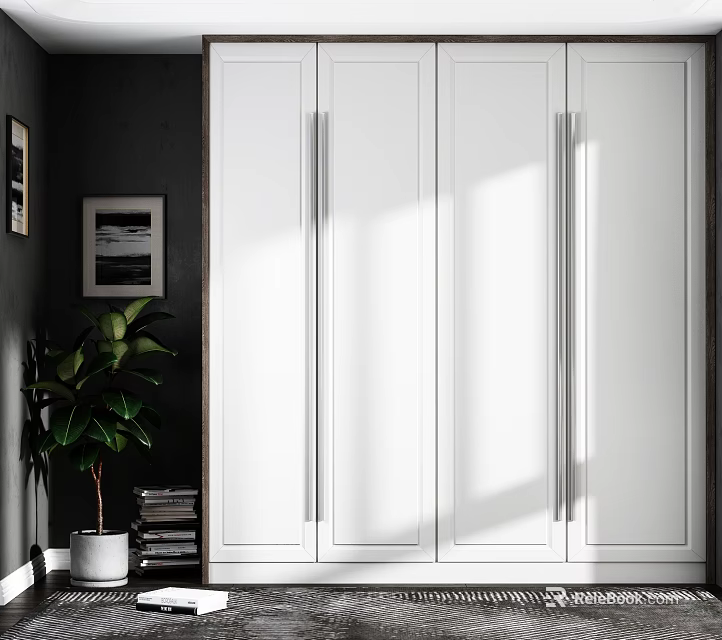 Modern White Wardrobe With Four Doors Long Handles And Indoor Plant 3d model 