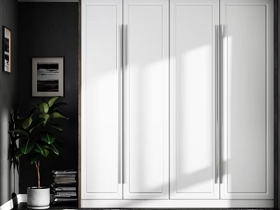 Modern White Wardrobe With Four Doors Long Handles And Indoor Plant 3d model