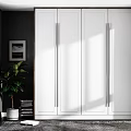 Modern White Wardrobe With Four Doors Long Handles And Indoor Plant