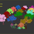 Colorful Trees with Multicolored Flowers Brown Trunks Green Grass and Stone