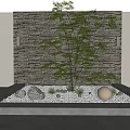 Modern Garden Ornament With Stone Wall Side Lamps Small Tree Pebbles And Glowing Sphere