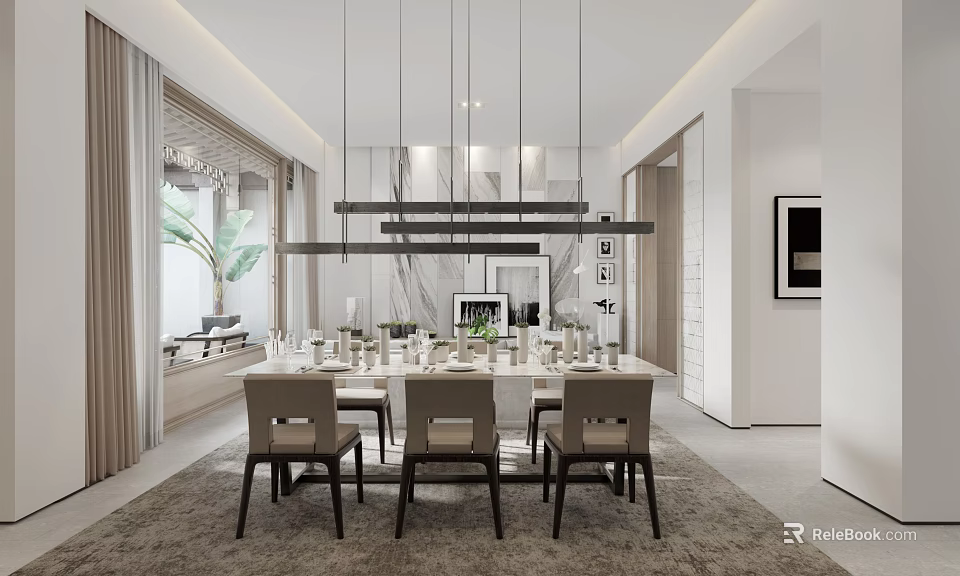 Modern Dining and Living Area Interior with Rectangular Table Chairs and Pendant Lights 3d model