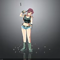 Red haired child wearing black vest denim shorts holding toy knife gun near blocks