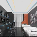 Modern Hotel Room With Gaming Chairs Dual Monitors Trophies Decorations LED Lights And Shoe Rack