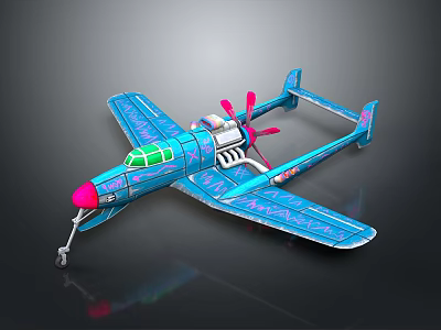 Colorful Blue Spaceplane Model With Pink Propellers Green Windows And Patterned Design 3d model