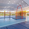 Spacious Indoor Sports Fitness Gym With Blue Mats And Balance Beams