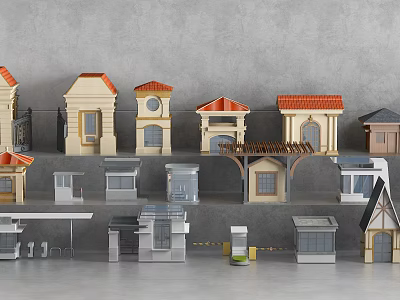 Various Miniature Building Models with Different Roof Styles and Facade Designs 3d model