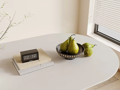 Cozy Indoor Living Space With Round Table Digital Clock Books Pear Bowl And Branches By Window 3d model