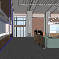 Spacious Lounge Area With Wooden Partitions Metal Roof Structure And Hanging Lights