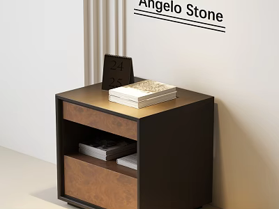 Dark Wooden Nightstand With Drawer Books And Small Clock On Top 3d model
