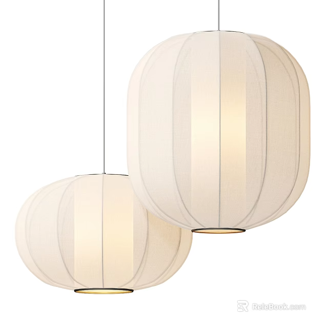 Pair of Beige Fabric Round Ceiling Lights With Soft Striped Design 3d model 