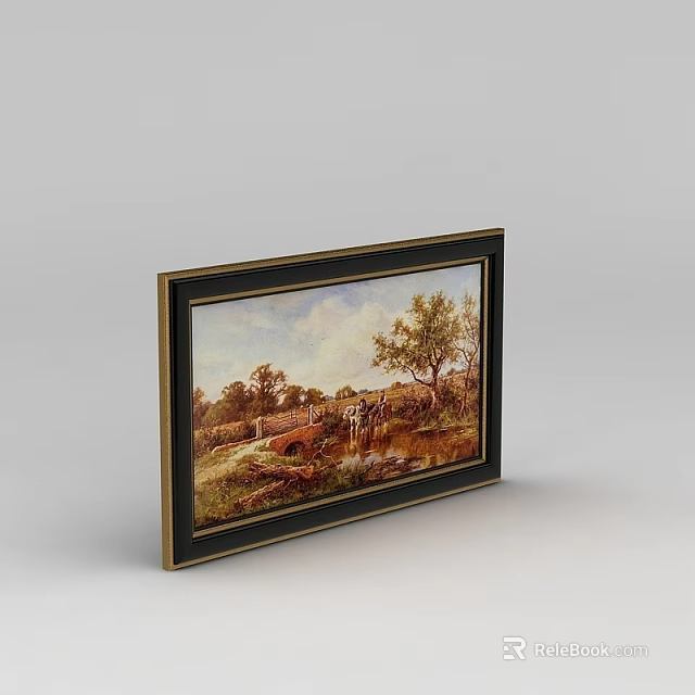 Technology Exhibition Hall Showcasing Landscape Painting With Black Gold Frame And Grass Trees Bridge Figures 3d model 