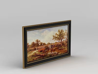 Technology Exhibition Hall Showcasing Landscape Painting With Black Gold Frame And Grass Trees Bridge Figures 3d model
