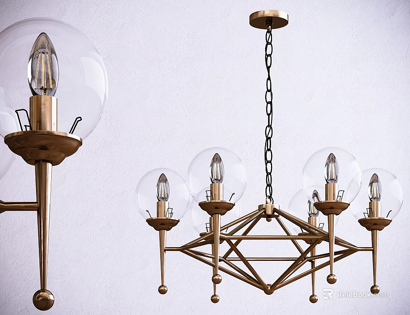 Modern Elegant Chandelier With Gold Metal Geometric Frame Multiple Clear Glass Shades And Black Chain 3d model 
