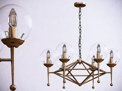 Modern Elegant Chandelier With Gold Metal Geometric Frame Multiple Clear Glass Shades And Black Chain 3d model