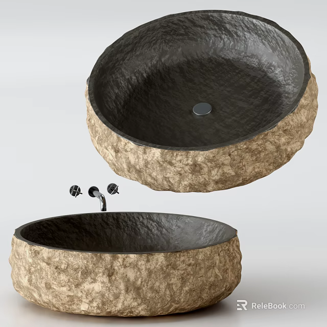 Natural Stone Washbasin with Rough Textured Exterior Dark Interior and Faucet Fixtures 3d model 