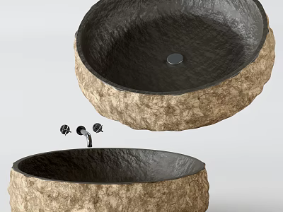 Natural Stone Washbasin with Rough Textured Exterior Dark Interior and Faucet Fixtures 3d model
