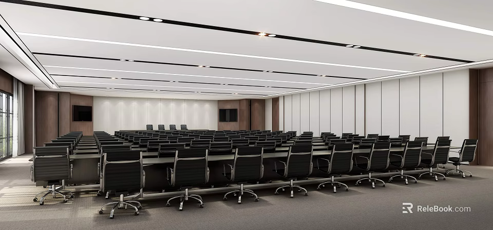 Spacious Modern Conference Room With Black Chairs Long Tables And Ceiling Lights 3d model 